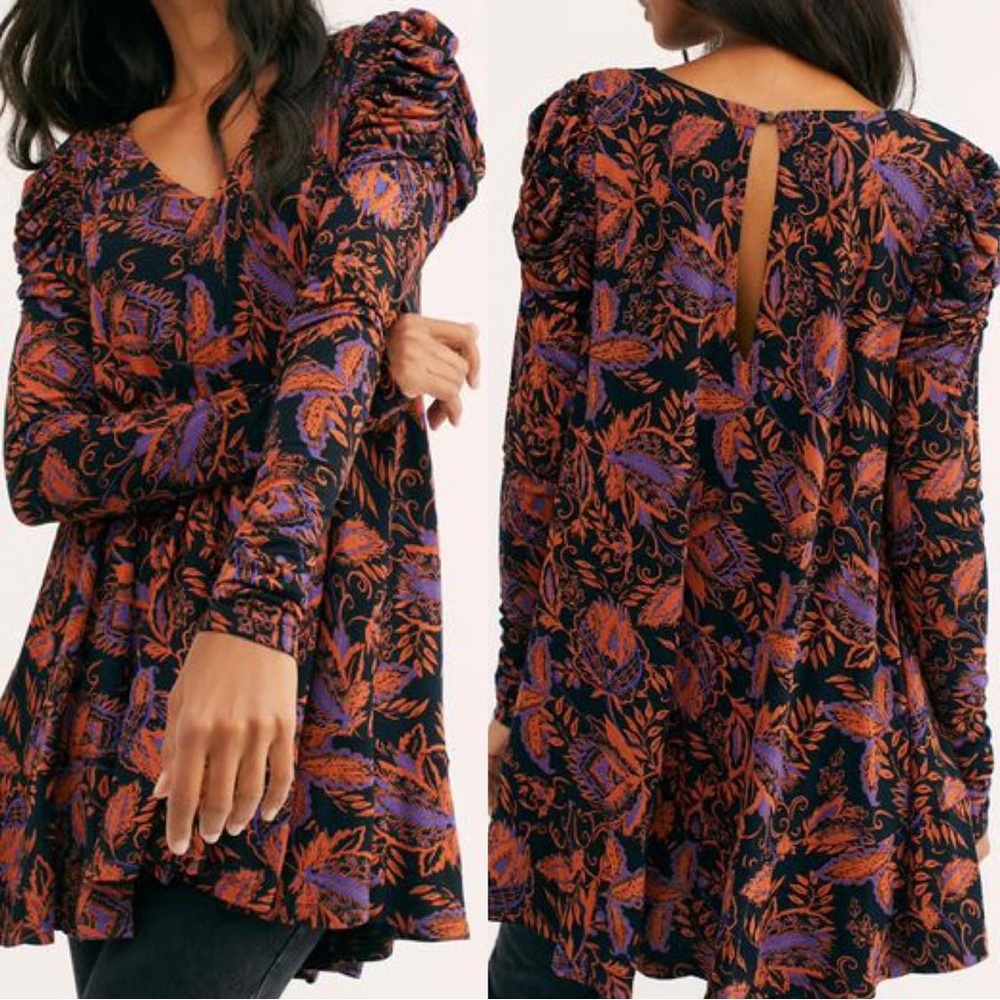 Free People Hello‎ Lover Tunic Womens XS Black Dark Floral Boho Whimsigoth